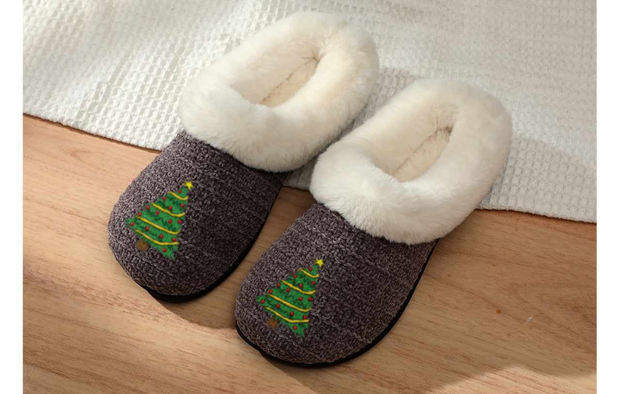 Roxoni Women’s Cozy Slippers with Soft Faux Fur Lining and Durable Indoor Outdoor Sole, Comfortable Lounge Footwear with Festive Holiday Icon Prints (Tree, Gift Box, Wreath, Santa, Reindeer), Personalized Custom Gift Slipper for Christmas