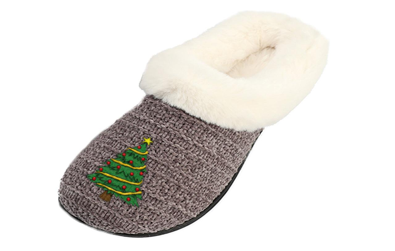 Roxoni Women’s Cozy Slippers with Soft Faux Fur Lining and Durable Indoor Outdoor Sole, Comfortable Lounge Footwear with Festive Holiday Icon Prints (Tree, Gift Box, Wreath, Santa, Reindeer), Personalized Custom Gift Slipper for Christmas