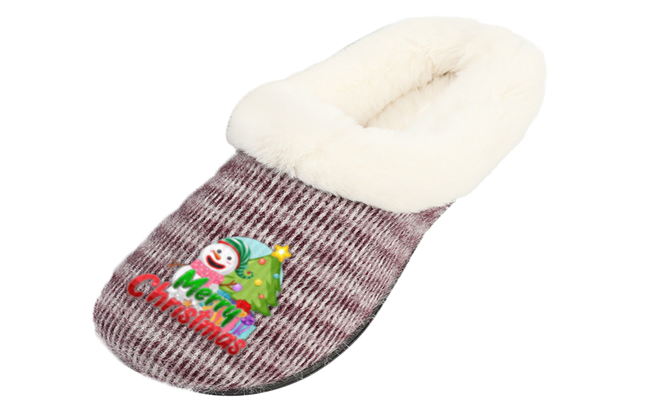 Roxoni Women’s Cozy Slippers with Soft Faux Fur Lining and Durable Indoor Outdoor Sole, Comfortable Lounge Footwear with Festive Holiday Icon Prints (Tree, Gift Box, Wreath, Santa, Reindeer), Personalized Custom Gift Slipper for Christmas