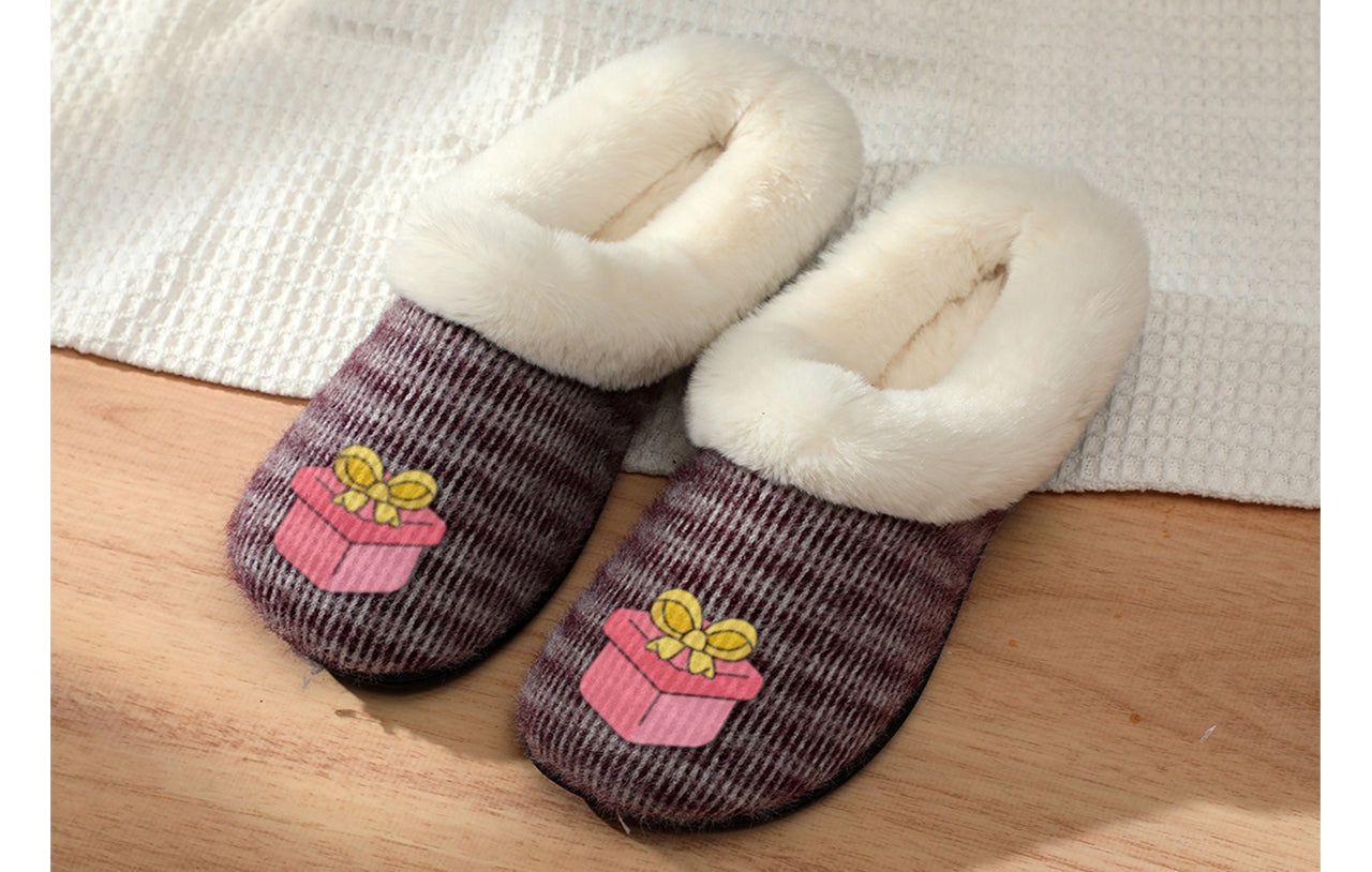 Roxoni Women’s Cozy Slippers with Soft Faux Fur Lining and Durable Indoor Outdoor Sole, Comfortable Lounge Footwear with Festive Holiday Icon Prints (Tree, Gift Box, Wreath, Santa, Reindeer), Personalized Custom Gift Slipper for Christmas