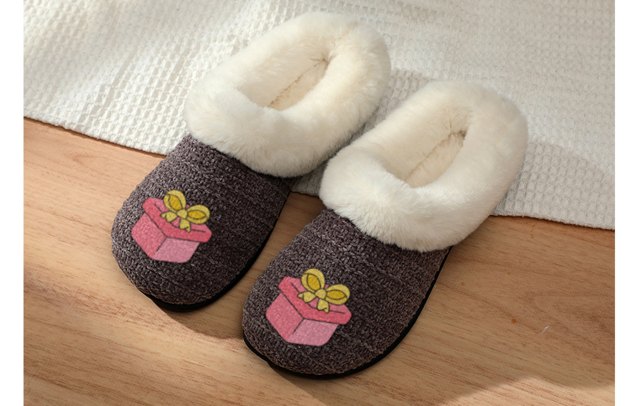 Roxoni Women’s Cozy Slippers with Soft Faux Fur Lining and Durable Indoor Outdoor Sole, Comfortable Lounge Footwear with Festive Holiday Icon Prints (Tree, Gift Box, Wreath, Santa, Reindeer), Personalized Custom Gift Slipper for Christmas