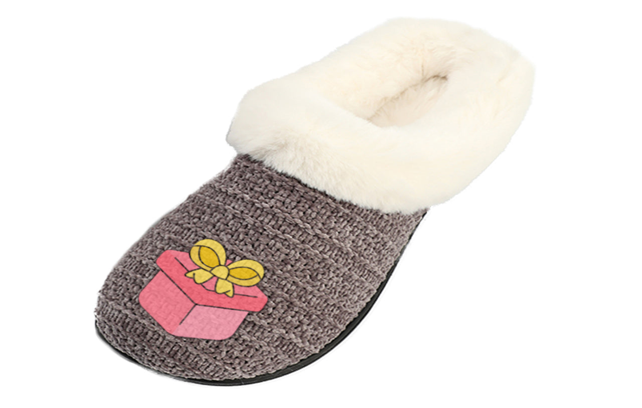 Roxoni Women’s Cozy Slippers with Soft Faux Fur Lining and Durable Indoor Outdoor Sole, Comfortable Lounge Footwear with Festive Holiday Icon Prints (Tree, Gift Box, Wreath, Santa, Reindeer), Personalized Custom Gift Slipper for Christmas