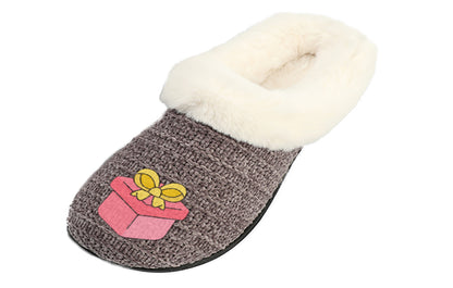 Roxoni Women’s Cozy Slippers with Soft Faux Fur Lining and Durable Indoor Outdoor Sole, Comfortable Lounge Footwear with Festive Holiday Icon Prints (Tree, Gift Box, Wreath, Santa, Reindeer), Personalized Custom Gift Slipper for Christmas