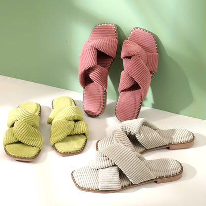 Roxoni Velvet Piping Flat Sandals for Women - Stylish Studs Around Outsole. Comfortable, Dressy Footware for Summer Ideal for Work, Travel, Shopping