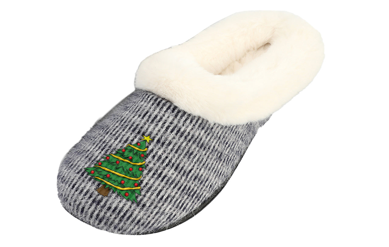 Roxoni Women’s Cozy Slippers with Soft Faux Fur Lining and Durable Indoor Outdoor Sole, Comfortable Lounge Footwear with Festive Holiday Icon Prints (Tree, Gift Box, Wreath, Santa, Reindeer), Personalized Custom Gift Slipper for Christmas