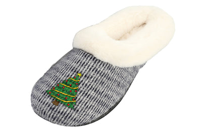 Roxoni Women’s Cozy Slippers with Soft Faux Fur Lining and Durable Indoor Outdoor Sole, Comfortable Lounge Footwear with Festive Holiday Icon Prints (Tree, Gift Box, Wreath, Santa, Reindeer), Personalized Custom Gift Slipper for Christmas