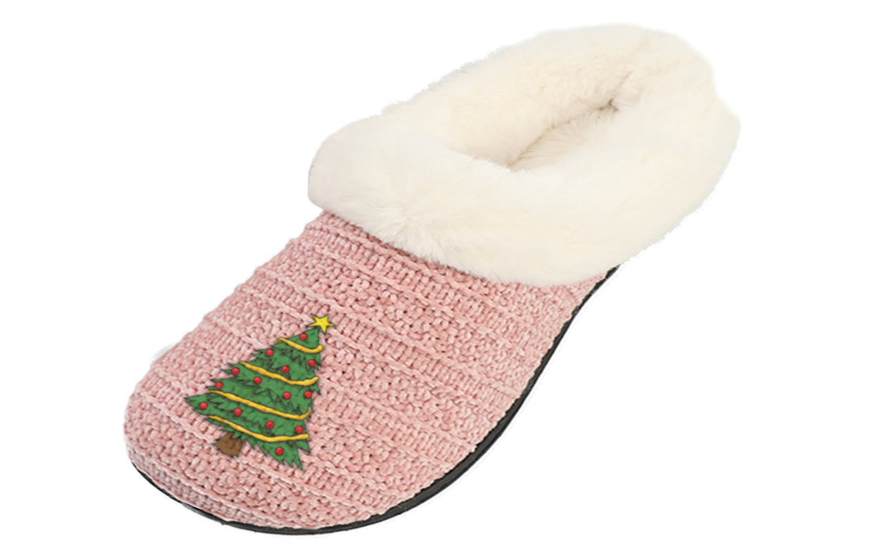 Roxoni Women’s Cozy Slippers with Soft Faux Fur Lining and Durable Indoor Outdoor Sole, Comfortable Lounge Footwear with Festive Holiday Icon Prints (Tree, Gift Box, Wreath, Santa, Reindeer), Personalized Custom Gift Slipper for Christmas
