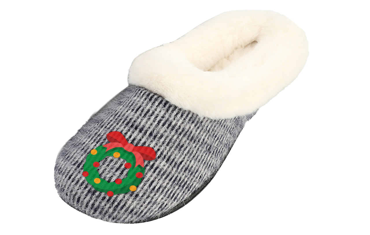 Roxoni Women’s Cozy Slippers with Soft Faux Fur Lining and Durable Indoor Outdoor Sole, Comfortable Lounge Footwear with Festive Holiday Icon Prints (Tree, Gift Box, Wreath, Santa, Reindeer), Personalized Custom Gift Slipper for Christmas