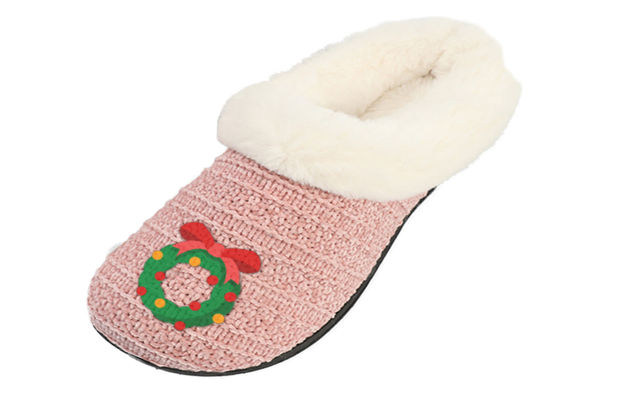 Roxoni Women’s Cozy Slippers with Soft Faux Fur Lining and Durable Indoor Outdoor Sole, Comfortable Lounge Footwear with Festive Holiday Icon Prints (Tree, Gift Box, Wreath, Santa, Reindeer), Personalized Custom Gift Slipper for Christmas