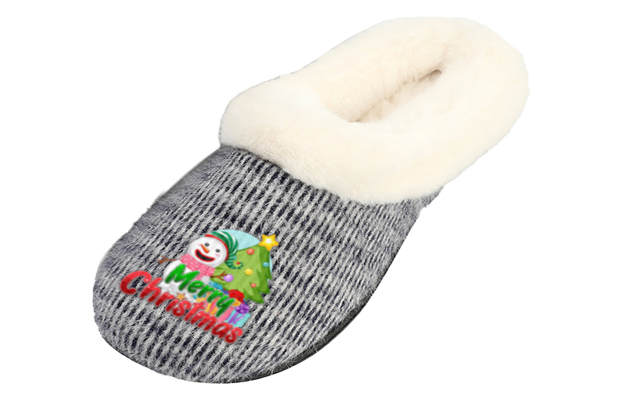 Roxoni Women’s Cozy Slippers with Soft Faux Fur Lining and Durable Indoor Outdoor Sole, Comfortable Lounge Footwear with Festive Holiday Icon Prints (Tree, Gift Box, Wreath, Santa, Reindeer), Personalized Custom Gift Slipper for Christmas