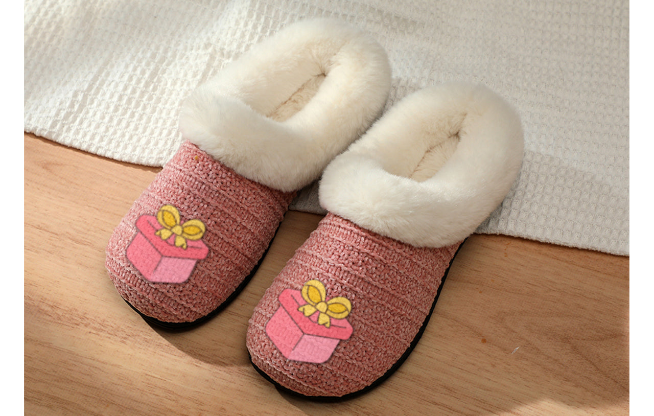 Roxoni Women’s Cozy Slippers with Soft Faux Fur Lining and Durable Indoor Outdoor Sole, Comfortable Lounge Footwear with Festive Holiday Icon Prints (Tree, Gift Box, Wreath, Santa, Reindeer), Personalized Custom Gift Slipper for Christmas