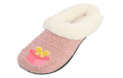 Roxoni Women’s Cozy Slippers with Soft Faux Fur Lining and Durable Indoor Outdoor Sole, Comfortable Lounge Footwear with Festive Holiday Icon Prints (Tree, Gift Box, Wreath, Santa, Reindeer), Personalized Custom Gift Slipper for Christmas