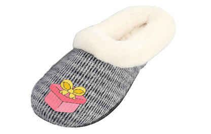 Roxoni Women’s Cozy Slippers with Soft Faux Fur Lining and Durable Indoor Outdoor Sole, Comfortable Lounge Footwear with Festive Holiday Icon Prints (Tree, Gift Box, Wreath, Santa, Reindeer), Personalized Custom Gift Slipper for Christmas