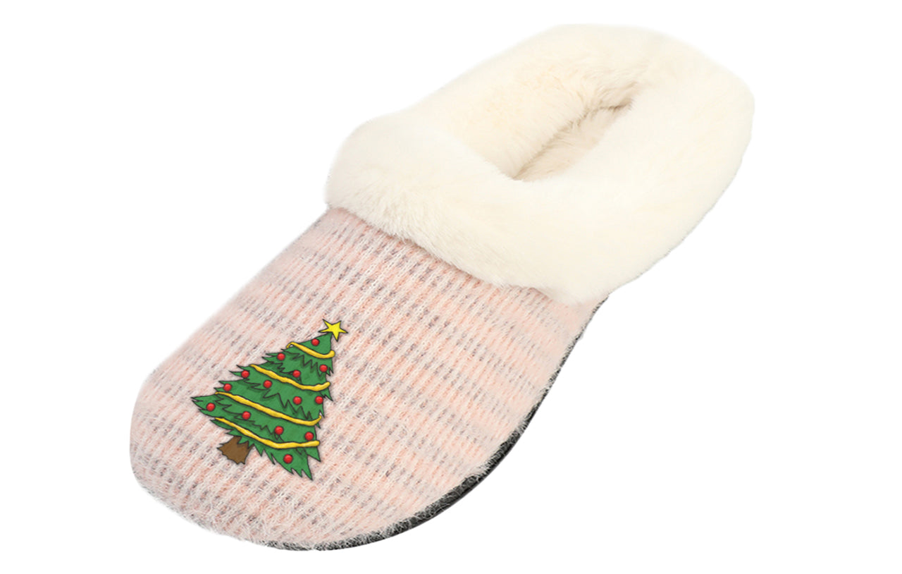 Roxoni Women’s Cozy Slippers with Soft Faux Fur Lining and Durable Indoor Outdoor Sole, Comfortable Lounge Footwear with Festive Holiday Icon Prints (Tree, Gift Box, Wreath, Santa, Reindeer), Personalized Custom Gift Slipper for Christmas