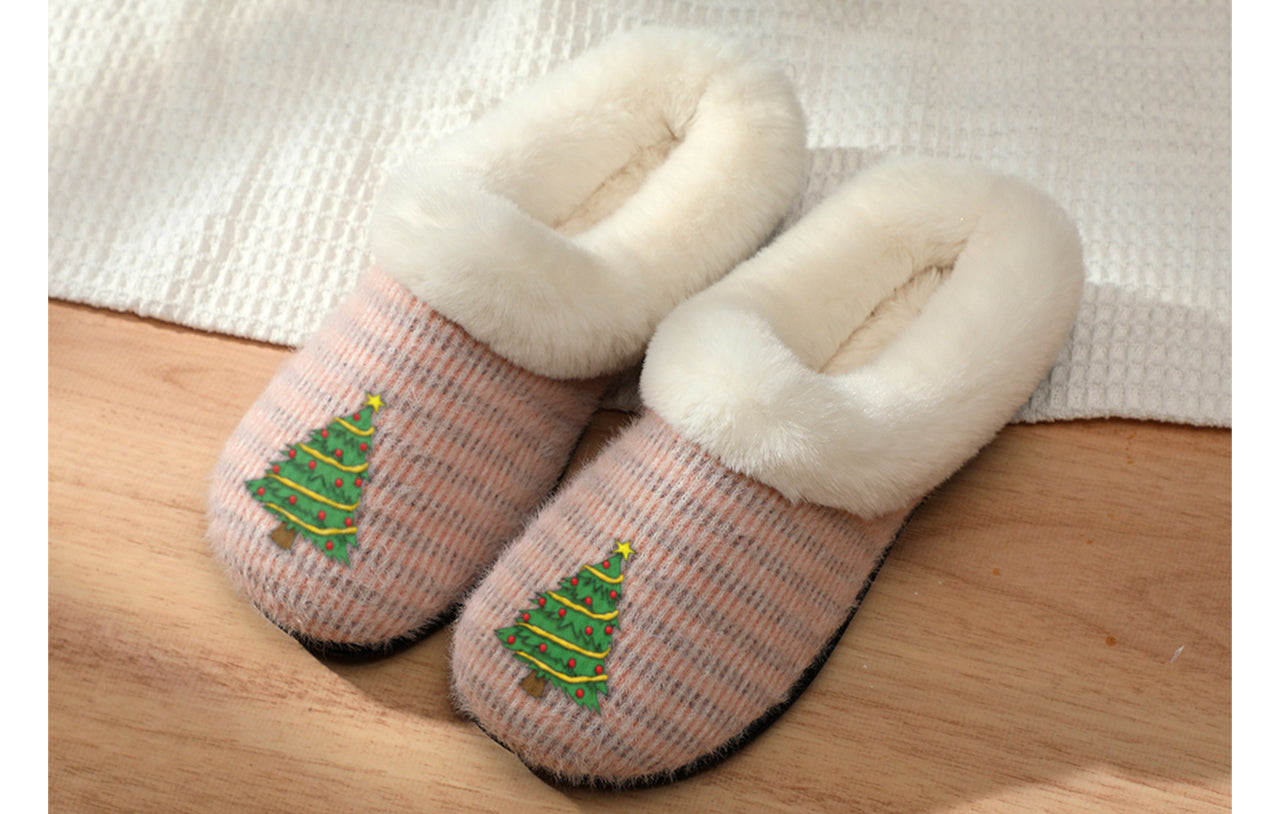 Roxoni Women’s Cozy Slippers with Soft Faux Fur Lining and Durable Indoor Outdoor Sole, Comfortable Lounge Footwear with Festive Holiday Icon Prints (Tree, Gift Box, Wreath, Santa, Reindeer), Personalized Custom Gift Slipper for Christmas