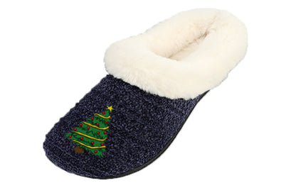 Roxoni Women’s Cozy Slippers with Soft Faux Fur Lining and Durable Indoor Outdoor Sole, Comfortable Lounge Footwear with Festive Holiday Icon Prints (Tree, Gift Box, Wreath, Santa, Reindeer), Personalized Custom Gift Slipper for Christmas