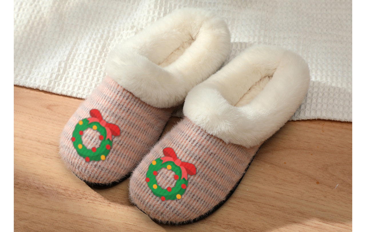 Roxoni Women’s Cozy Slippers with Soft Faux Fur Lining and Durable Indoor Outdoor Sole, Comfortable Lounge Footwear with Festive Holiday Icon Prints (Tree, Gift Box, Wreath, Santa, Reindeer), Personalized Custom Gift Slipper for Christmas