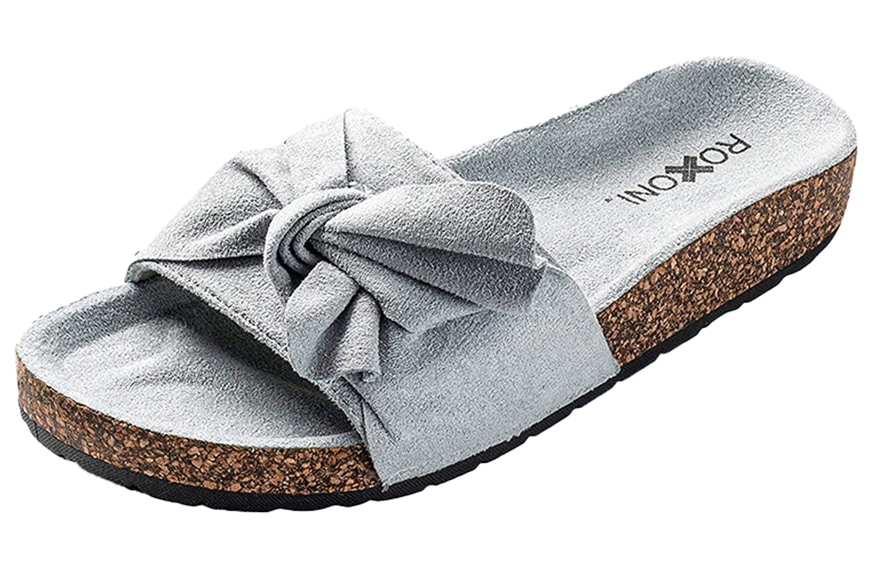 Roxoni Women Sandal Ribbon Bow Top EVA Flat Slide Footbed Suede with Arch Support Non-Slip