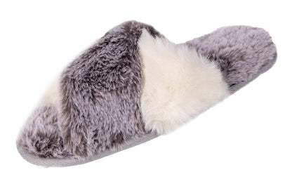 Roxoni Women's Cross Band Real Fur Slipper 2 Tone Color Cozy Warm Comfy Slip On Breathable Open Toe Anti-Skid Rubber Sole