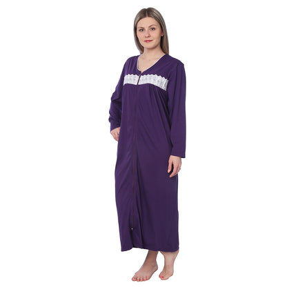 Women Jersey Long Zip Up Nightgown Robe Long Sleeve Elegant Loose Housecoat