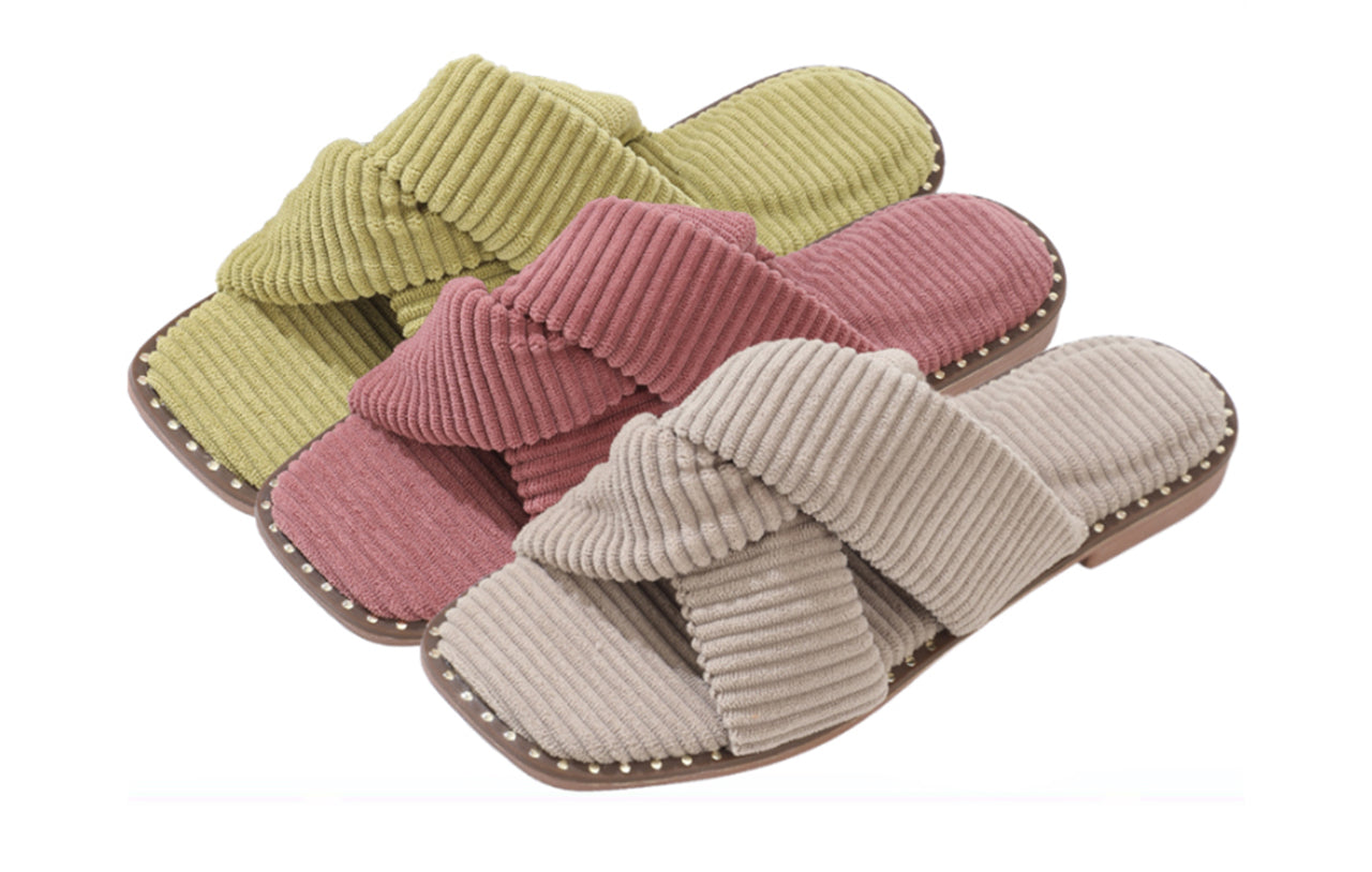 Roxoni Velvet Piping Flat Sandals for Women - Stylish Studs Around Outsole. Comfortable, Dressy Footware for Summer Ideal for Work, Travel, Shopping