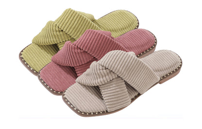 Roxoni Velvet Piping Flat Sandals for Women - Stylish Studs Around Outsole. Comfortable, Dressy Footware for Summer Ideal for Work, Travel, Shopping