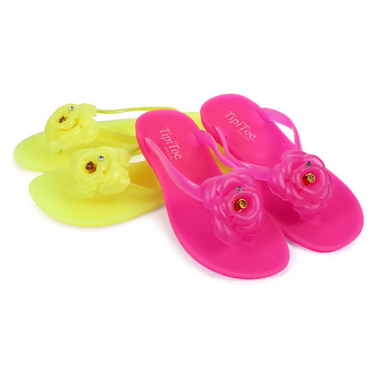 Pupeez Girl's Flower Jelly Thong Flip Flop Slide Summer Sandal - 2 Pack