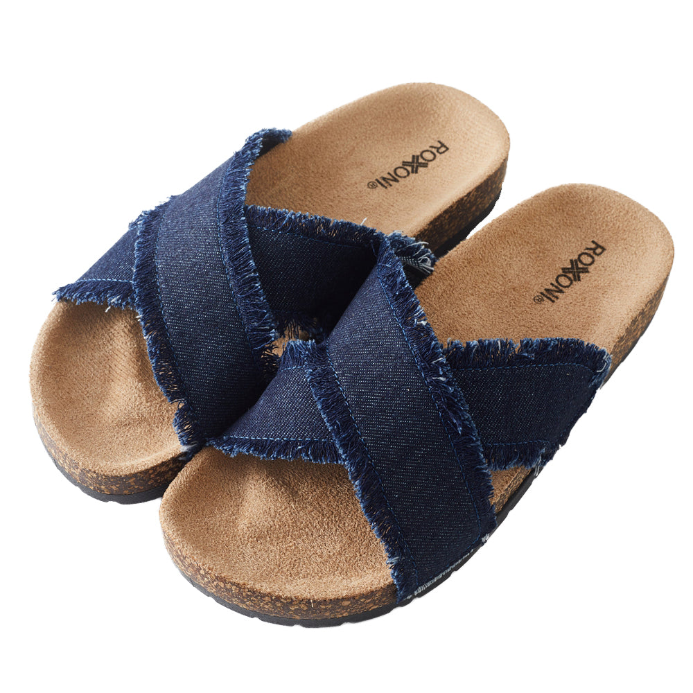 Roxoni Women’s Cross Strap Slide Sandals Denim Open Toe Comfort Slippers Cork Footbed Casual Summer Indoor Outdoor Footwear