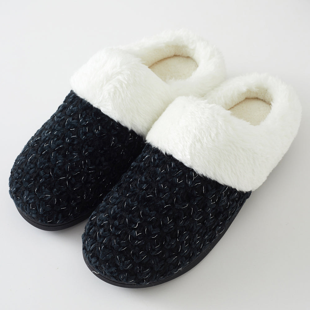 Women's Knit Memory Foam Clog Slippers – Plush Faux Fur Collar Indoor/Outdoor House Shoes