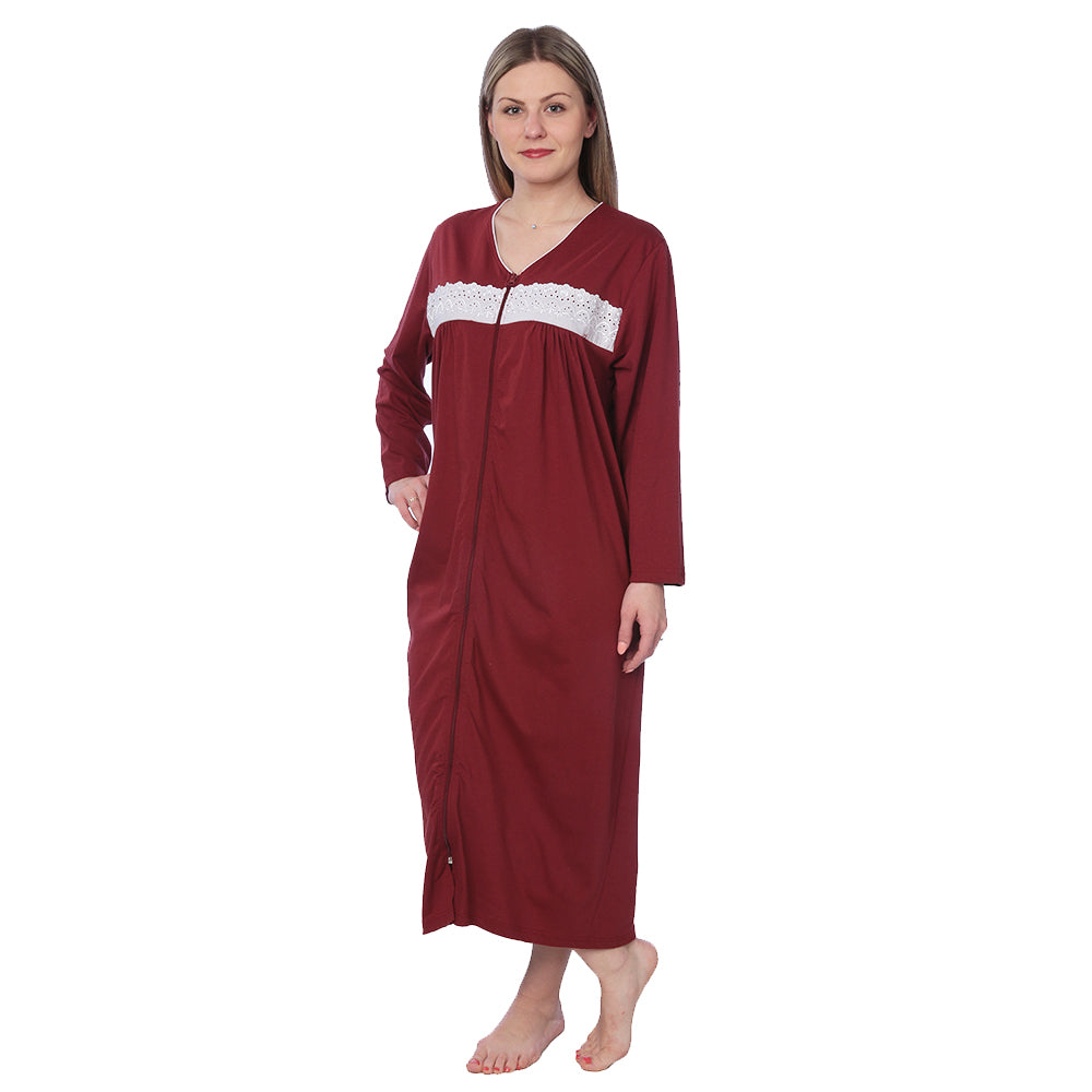 Women Jersey Long Zip Up Nightgown Robe Long Sleeve Elegant Loose Housecoat