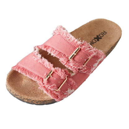 Roxoni Women's New Comfort Flat Sandals Double Buckle Adjustable Straps Flat Slides Footbed Suede