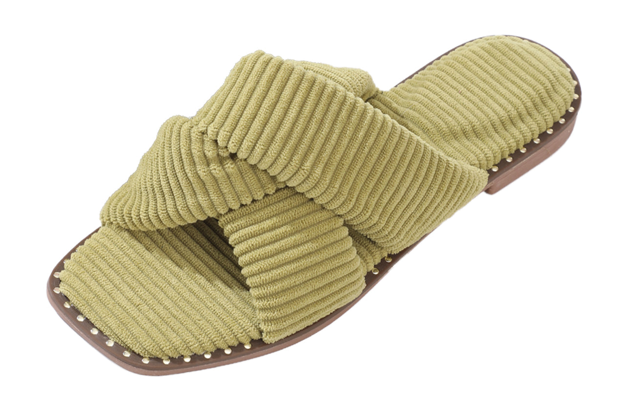 Roxoni Velvet Piping Flat Sandals for Women - Stylish Studs Around Outsole. Comfortable, Dressy Footware for Summer Ideal for Work, Travel, Shopping