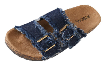 Roxoni Women's Comfort Flat Sandals Double Buckle Adjustable Straps Flat Slides Footbed Suede