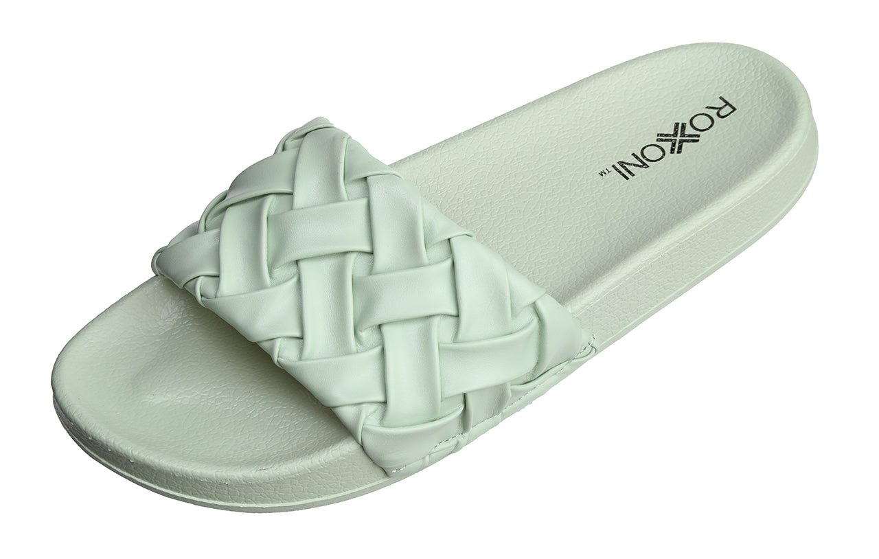 Roxoni Faux Leather Slides – Trendy Slides for Women – Superior Comfort & Unmatched Luxury – Stylish Braided Strap Pattern – Durable Faux Leather – Classic Colors Beige