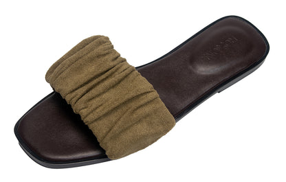 Women’s Ruched Fabric Slide Sandals Open Toe Flat Sandals with Heel Cushion