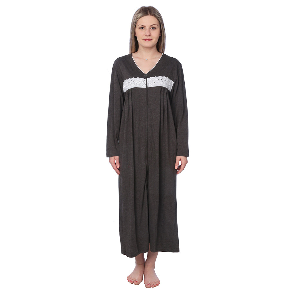 Women Jersey Long Zip Up Nightgown Robe Long Sleeve Elegant Loose Housecoat