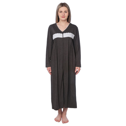 Women Jersey Long Zip Up Nightgown Robe Long Sleeve Elegant Loose Housecoat