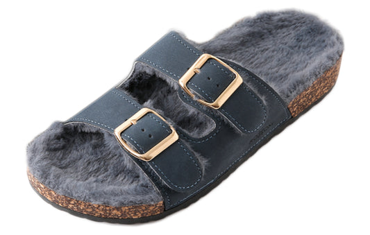 Women's Roxoni Open Toe Feather Slipper with Adjustable Double Buckle Cozy Cork Slide Sandal