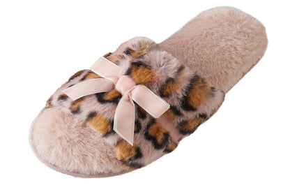 Roxoni Women’s Fuzzy Leopard Print Slippers with Bow – Cozy Plush Indoor House Slides, Soft Memory Foam, Non-Slip Sole