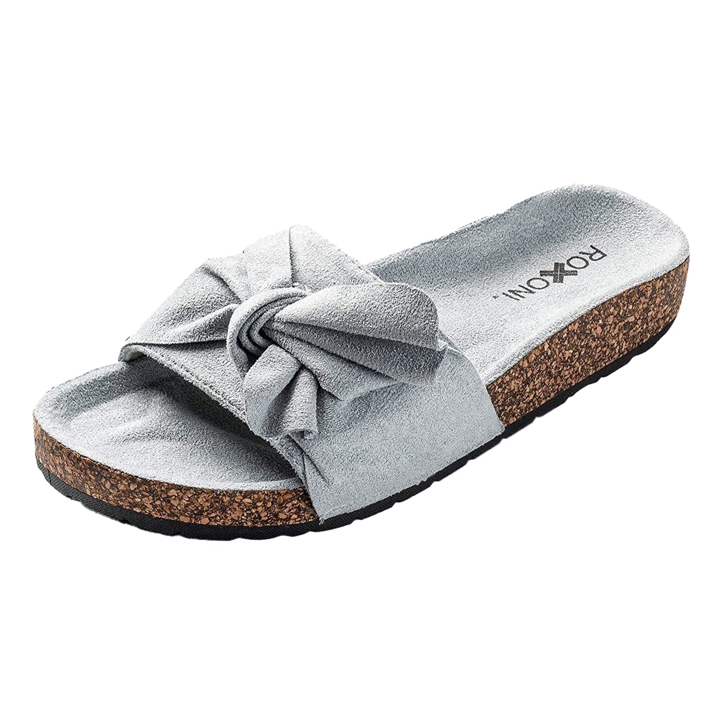 Roxoni Women Sandal Ribbon Bow Top EVA Flat Slide Footbed Suede with Arch Support Non-Slip