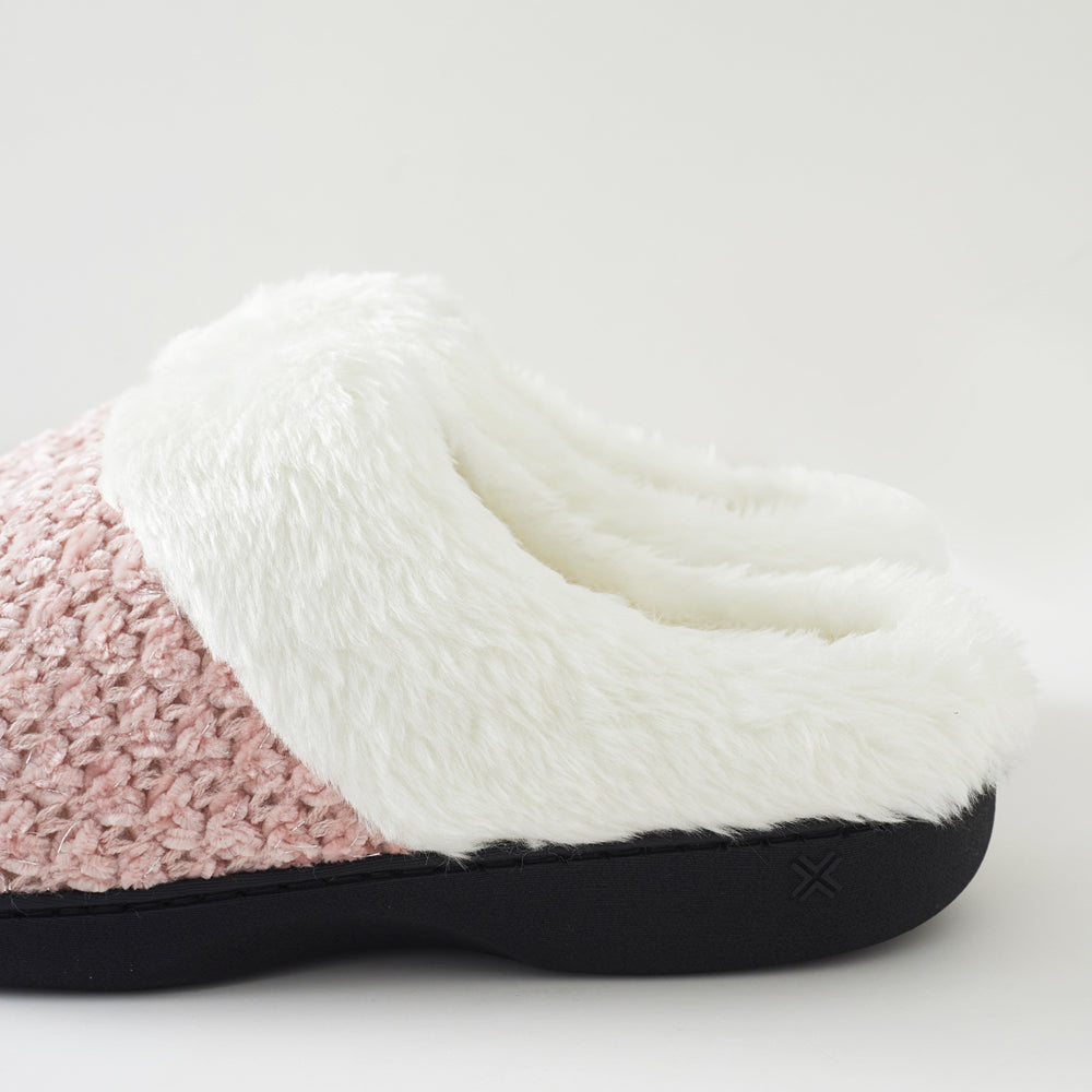 Women's Knit Memory Foam Clog Slippers – Plush Faux Fur Collar Indoor/Outdoor House Shoes