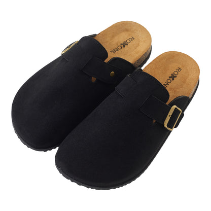 Roxoni Women's Closed-Toe Faux Suede Cork Clogs with Adjustable Buckle Strap