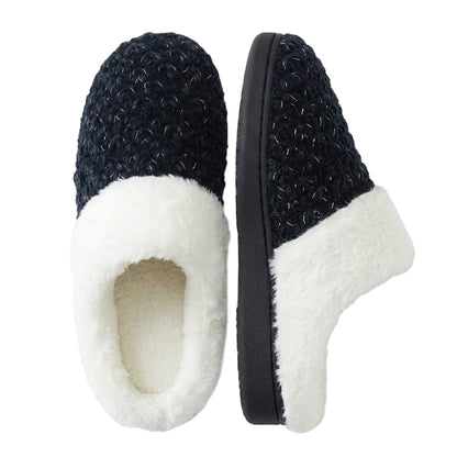 Women's Knit Memory Foam Clog Slippers – Plush Faux Fur Collar Indoor/Outdoor House Shoes