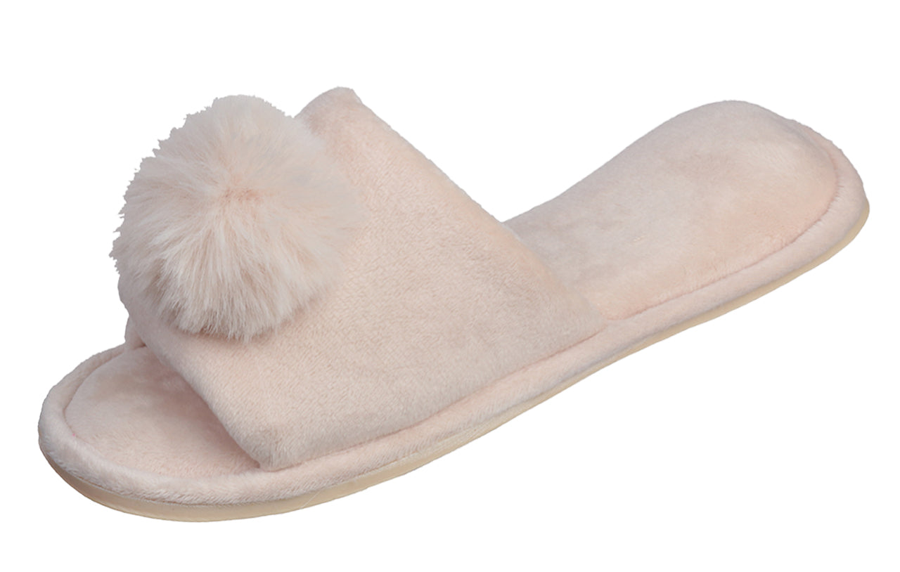 Pupeez Girl's Lovely Velvet Pom-pom Open Toe Kids House Slides Slipper