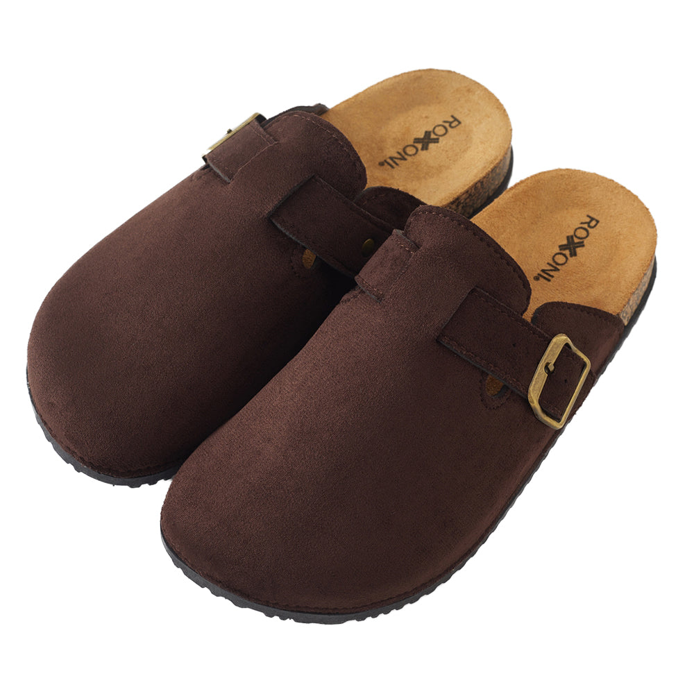 Roxoni Women's Closed-Toe Faux Suede Cork Clogs with Adjustable Buckle Strap