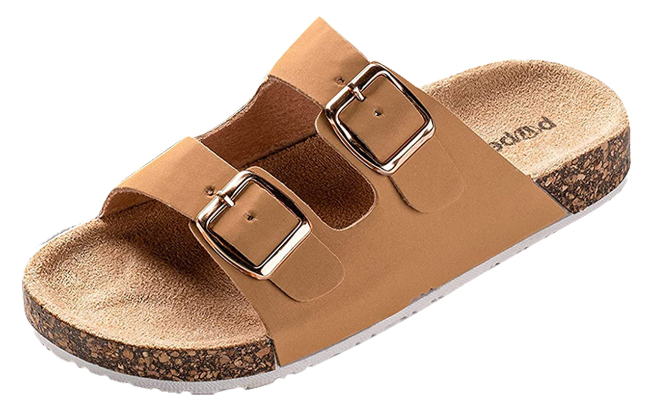 ROXONI Girls Comfort Sandals Double Buckle Adjustable Slip on Summer Slides Soft Footbed EVA Flat Slides Footbed Suede with Arch Support Non-Slip
