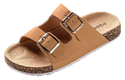 ROXONI Girls Comfort Sandals Double Buckle Adjustable Slip on Summer Slides Soft Footbed EVA Flat Slides Footbed Suede with Arch Support Non-Slip