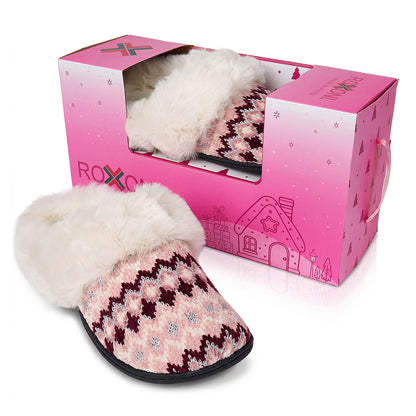 Roxoni Women’s Fair Isle Knit Clog Slippers, Cozy Plush Faux Fur Collar Cushion House Shoes