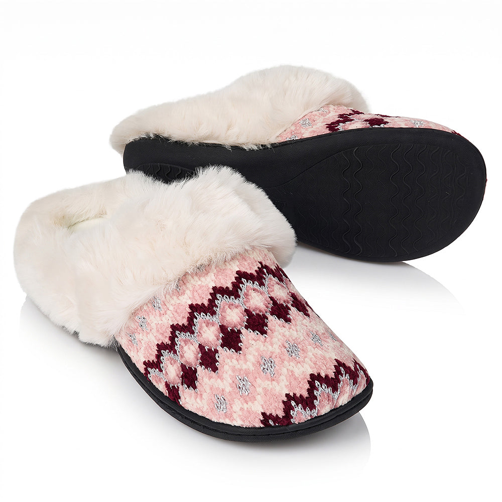 Roxoni Women’s Fair Isle Knit Clog Slippers, Cozy Plush Faux Fur Collar Cushion House Shoes