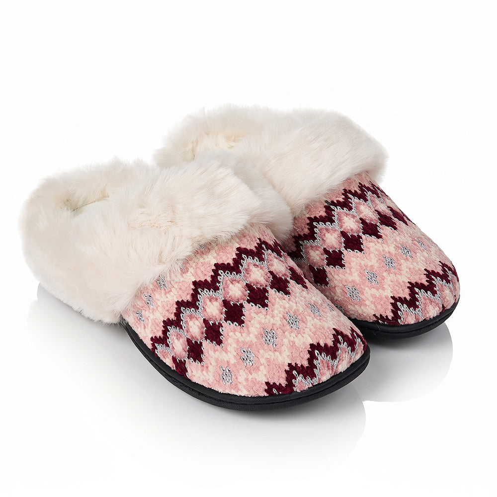 Roxoni Women’s Fair Isle Knit Clog Slippers, Cozy Plush Faux Fur Collar Cushion House Shoes